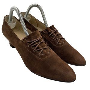 🆑 Salvatore Ferragamo Brown Suede Calf Lace-up Victorian Style Pumps